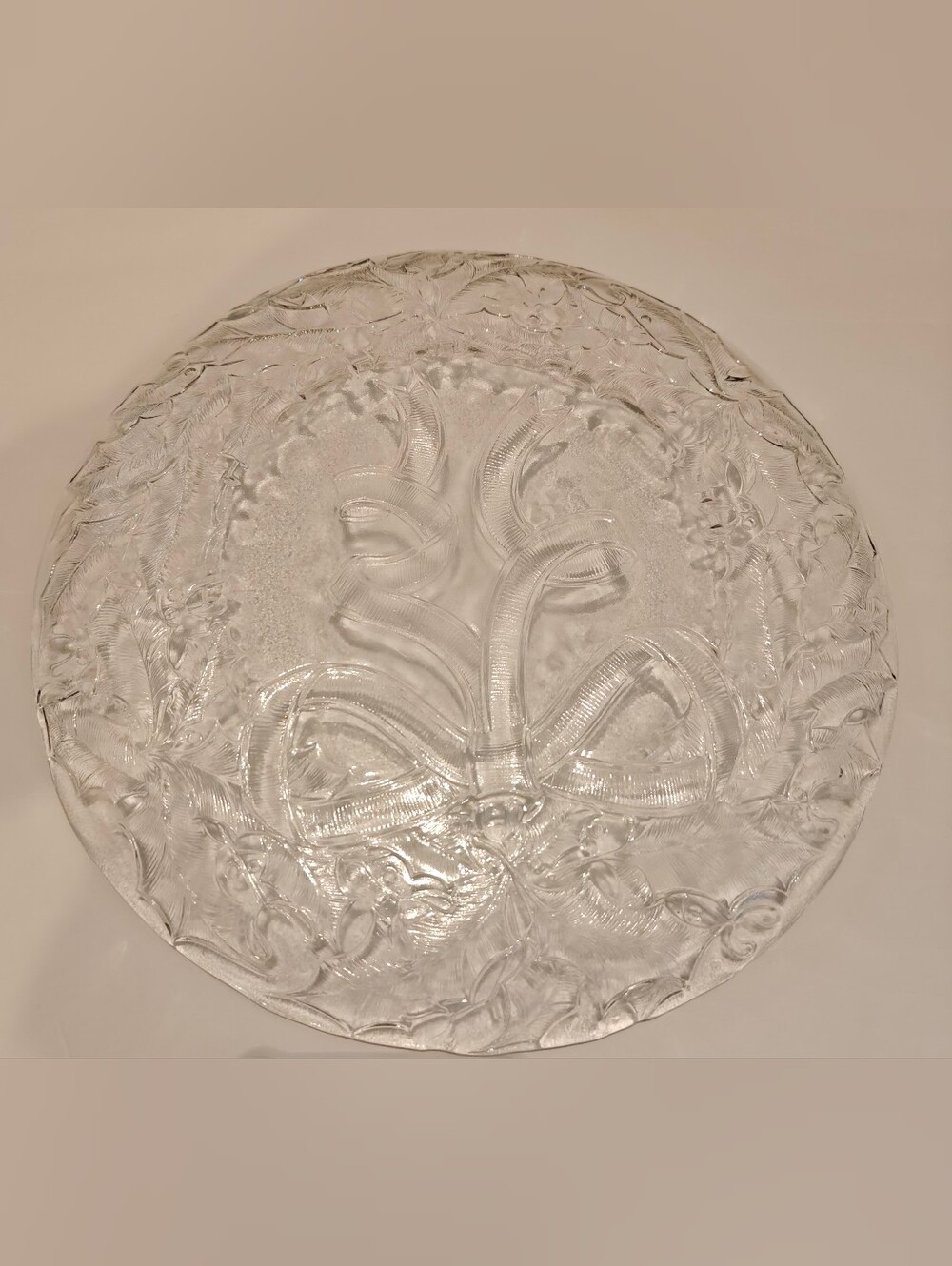 Clear Pressed Glass Round Christmas Holly Decorative Platter 12 in